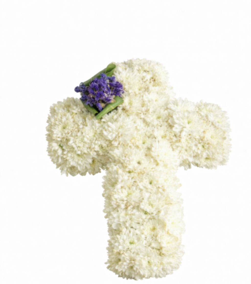 Elegant white funeral flower cross tribute in Malta