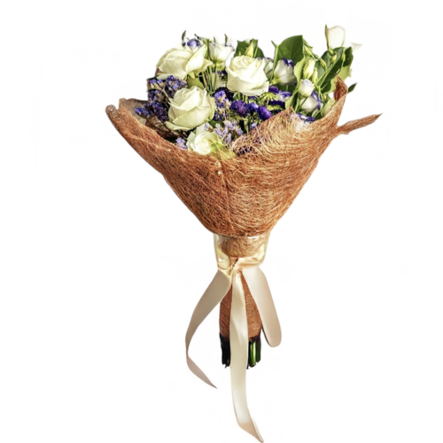 White rose and lisianthus bouquet in natural wrap Malta