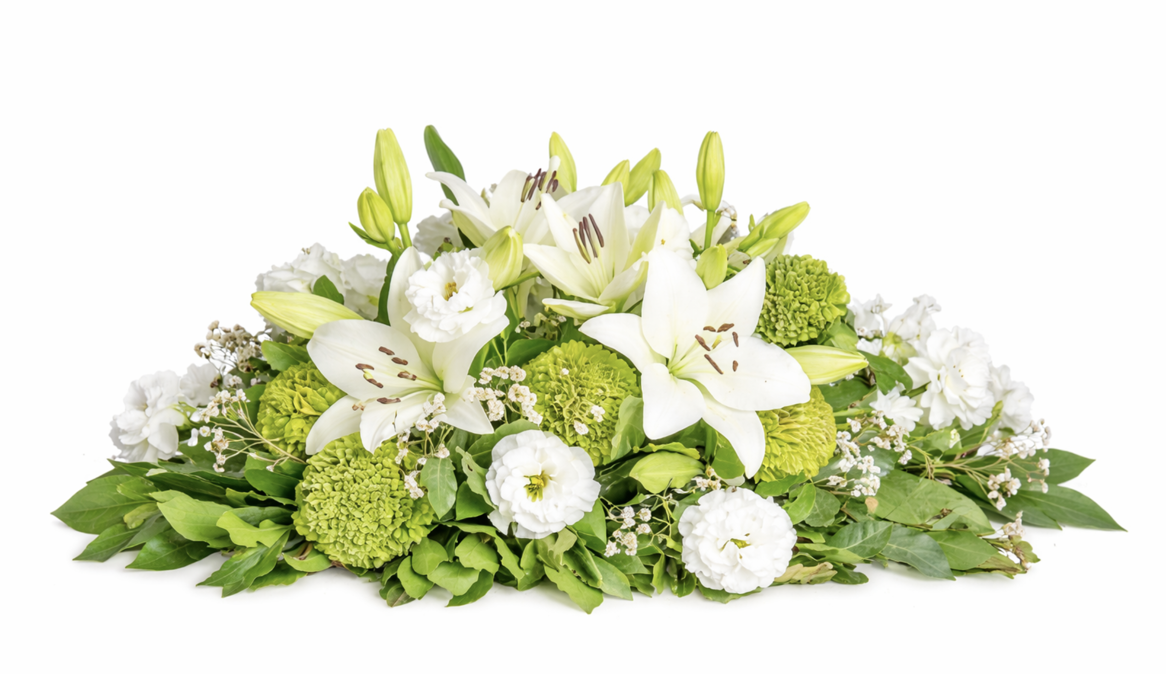 White sympathy flower arrangement with lilies and greenery Malta