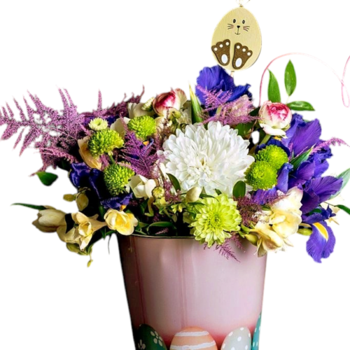 Easter flower arrangement Malta zinc container bunny spring flowers
