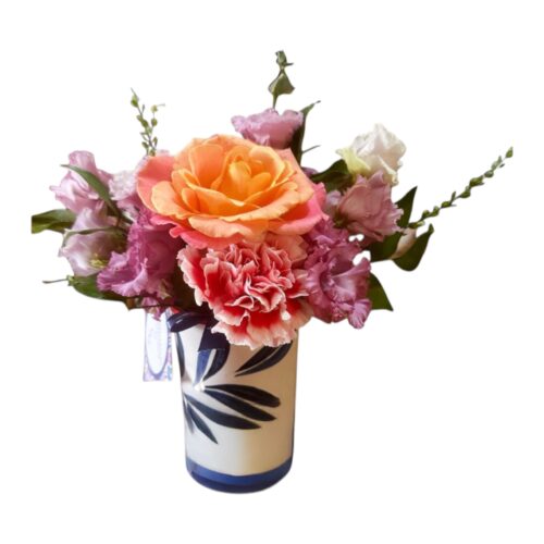 Handcrafted designer ceramic vase with lisianthus, carnations and a rose by The Malta Florist