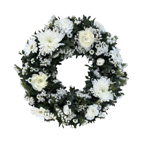 White funeral wreath with roses lilies and chrysanthemums for sympathy Malta