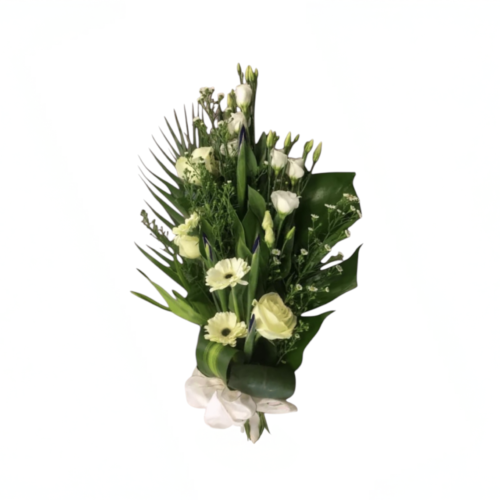 White funeral spray with roses gerberas lisianthus and greenery for sympathy Malta