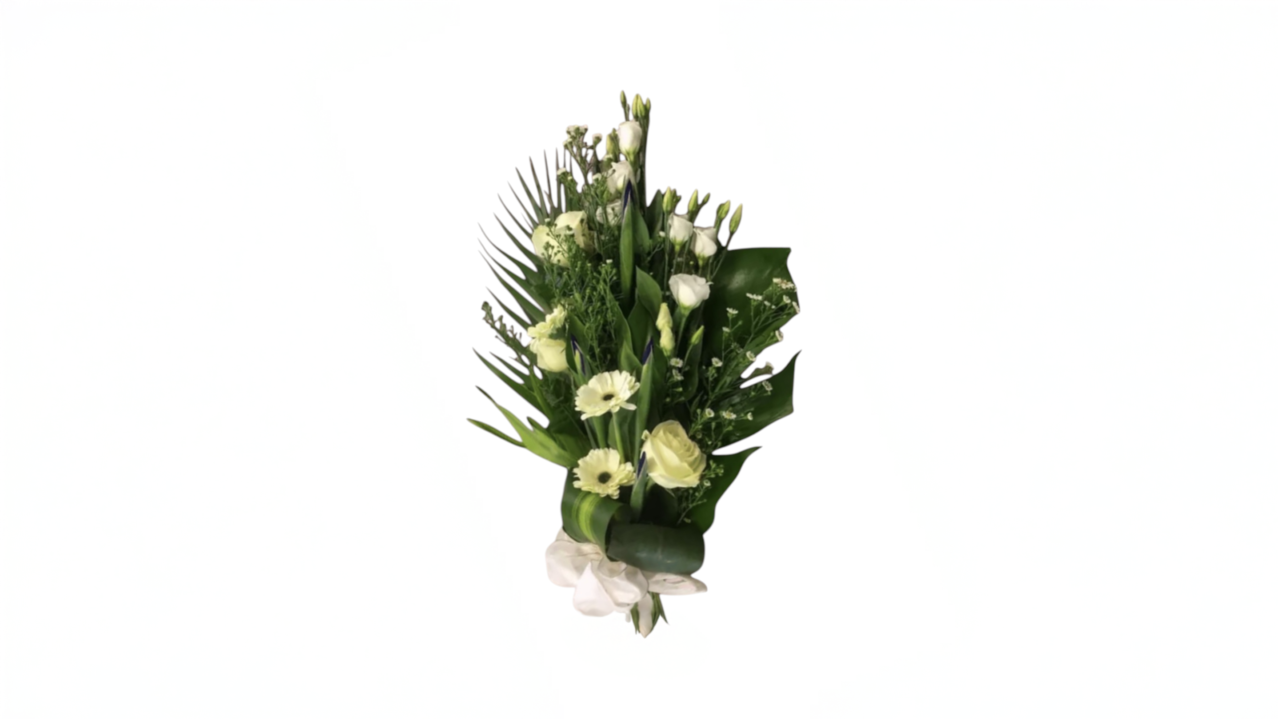 White funeral spray with roses gerberas lisianthus and greenery for sympathy Malta