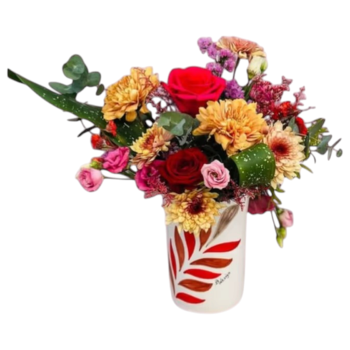 Luxury Mother’s Day flower arrangement with roses lisianthus and chrysanthemums in designer ceramic vase Malta