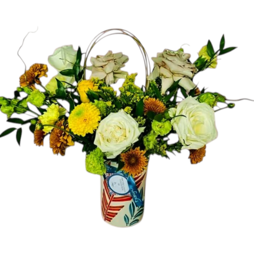 Luxury flower arrangement with ivory roses yellow blooms and greenery in bdesigner ceramic vase Malta